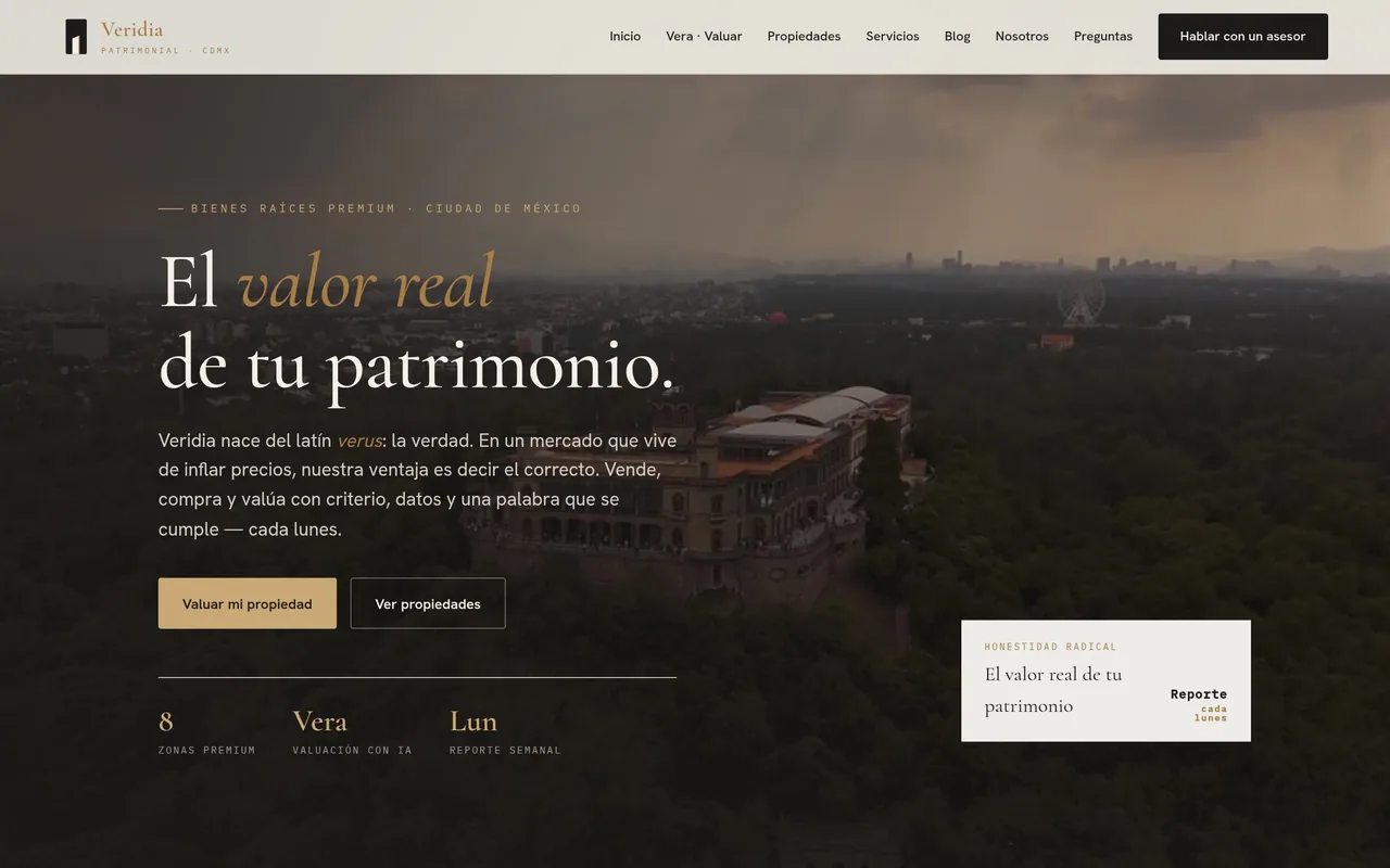 Sitio de Veridia Patrimonial, inmobiliaria premium en CDMX